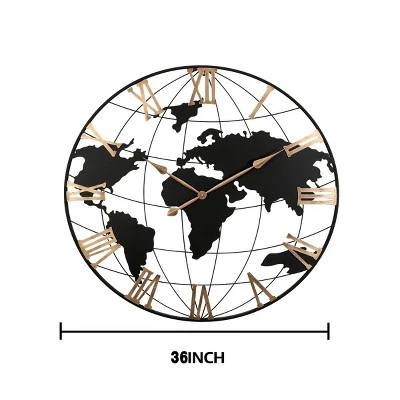 GlasFlength Wall Clocks Decorative World Map Modern Silent Vintage Arabic Numeral Elegant Design For Multiple Rooms, Black, 35.5"*35.5"*35.5" 6 GlasFlength Wall Clocks Decorative World Map Modern Silent Vintage Arabic Numeral Elegant Design For Multiple Rooms, Black, 35.5"*35.5"*35.5" - Image 4