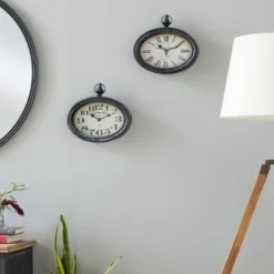 Set Of 2 Metal Pocket Watch Style Wall Clocks Cream - Olivia & May: Vintage-Inspired, Oval, Indoor Hanging Timepieces